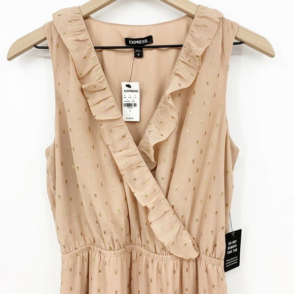Express Ruffle Maxi Dress Size S Metallic Clip Dot V Neck Faux Wrap Sleeveless - Picture 3 of 9